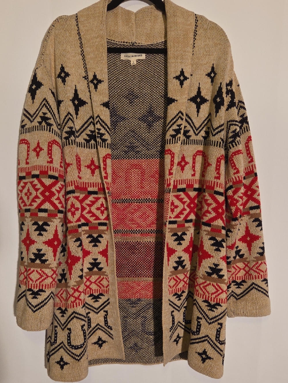 Lucky Brand Beige Red and Black Patterned Open-Front Cardigan